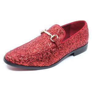Red Glitter Men's Vintage Designer Classic Smoking Dress Tuxedo Loafers Shoes